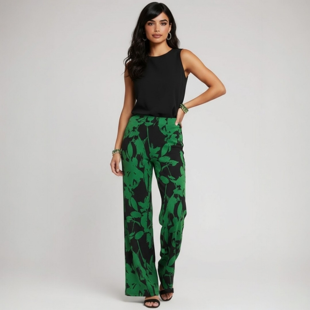 Chico's (3R) Women's Palazzo Pants XL Stretch Slinky Knit Black Green Floral